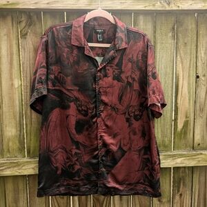 Forever 21 Men Black & Red Biblical Renaissance Angels Painting Short Sleeve Top